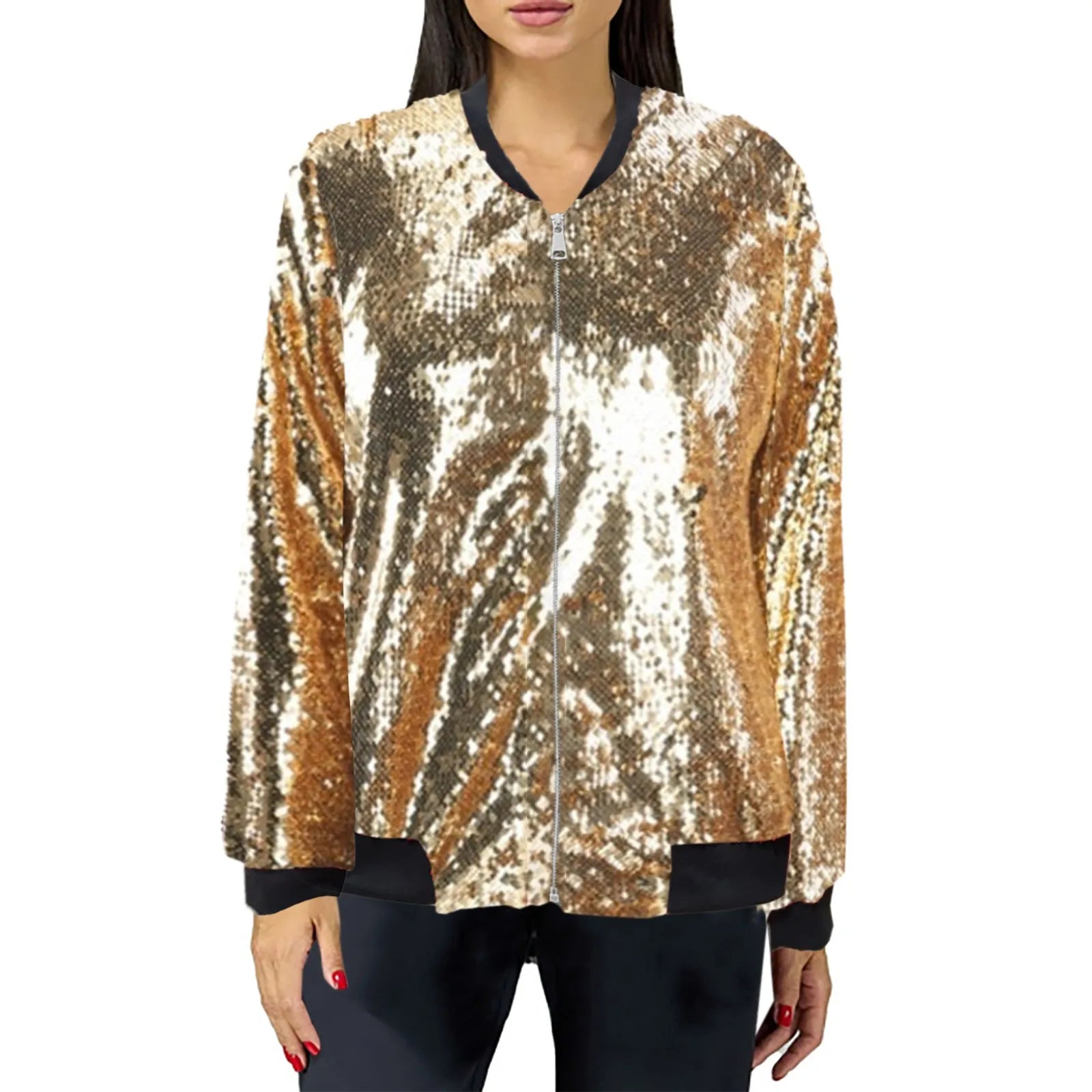 Sequin Bomber Zipper Basic Lady Outwear Jacket