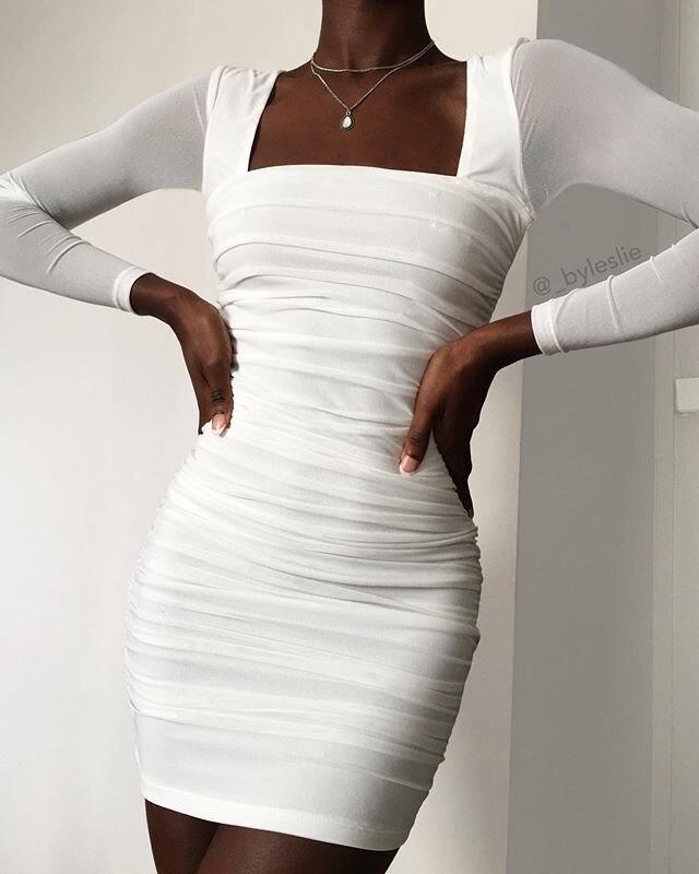 Square Collar Mesh Sleeve White Dress Women Solid Ruched Design Long Sleeve Dress Winter Night Clubwear Tight Vestidos