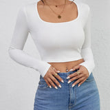Cropped Casual Long Sleeve Solid Crop Tops