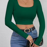 Cropped Casual Long Sleeve Solid Crop Tops