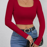 Cropped Casual Long Sleeve Solid Crop Tops