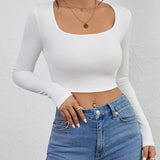 Cropped Casual Long Sleeve Solid Crop Tops