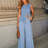 Streetwear Denim Wide Leg Office Two Piece Set