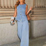 Streetwear Denim Wide Leg Office Two Piece Set