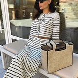 Striped Hollow Knitted High Waist Office Two Piece Set
