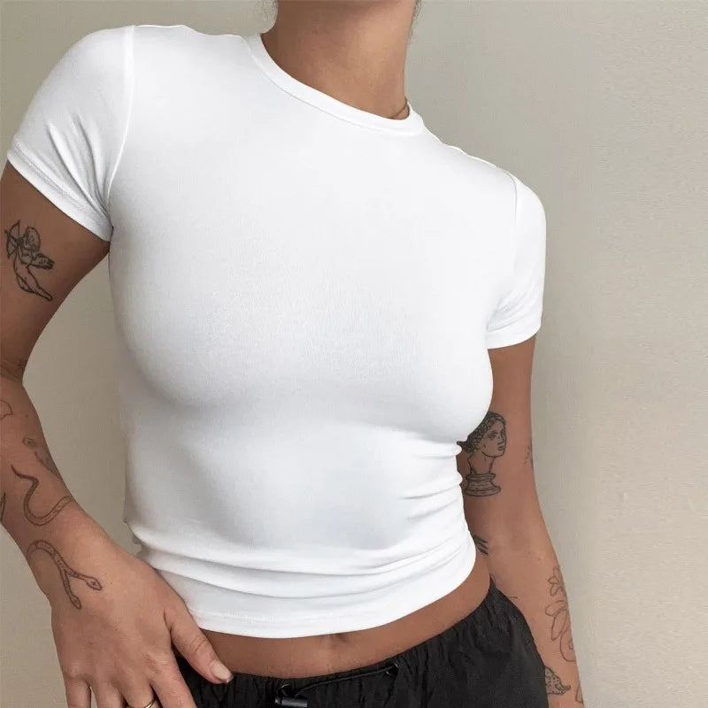Summer 2025 Short Sleeve Simple Stretch Slim Pullovers Women's Crop Top T-shirt