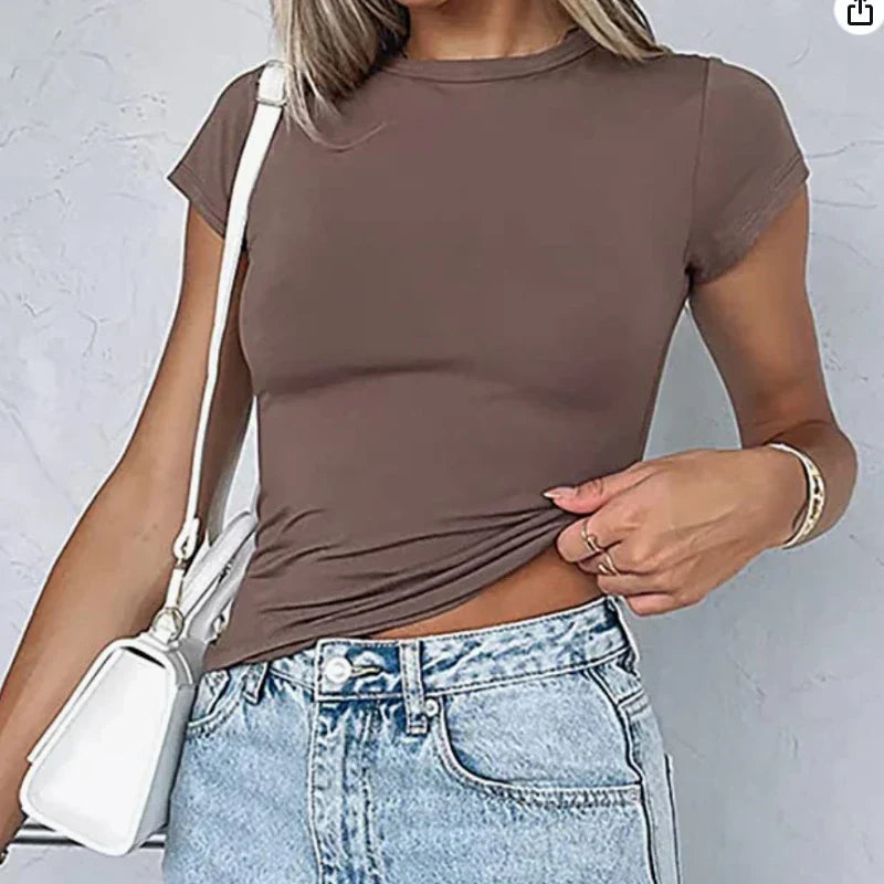 Summer 2025 Short Sleeve Simple Stretch Slim Pullovers Women's Crop Top T-shirt