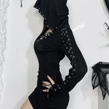 New Dark Retro Punk Street Hooded High Waist Sexy Mini Gothic Vintage Pentagram Strap Long Sleeve Dress