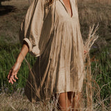 Summer Casual Pleated V Neck Lace Up Lantern Sleeve Boho Dress