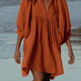 Summer Casual Pleated V Neck Lace Up Lantern Sleeve Boho Dress