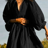 Summer Casual Pleated V Neck Lace Up Lantern Sleeve Boho Dress