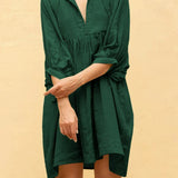 Summer Casual Pleated V Neck Lace Up Lantern Sleeve Boho Dress