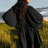 Summer Casual Pleated V Neck Lace Up Lantern Sleeve Boho Dress