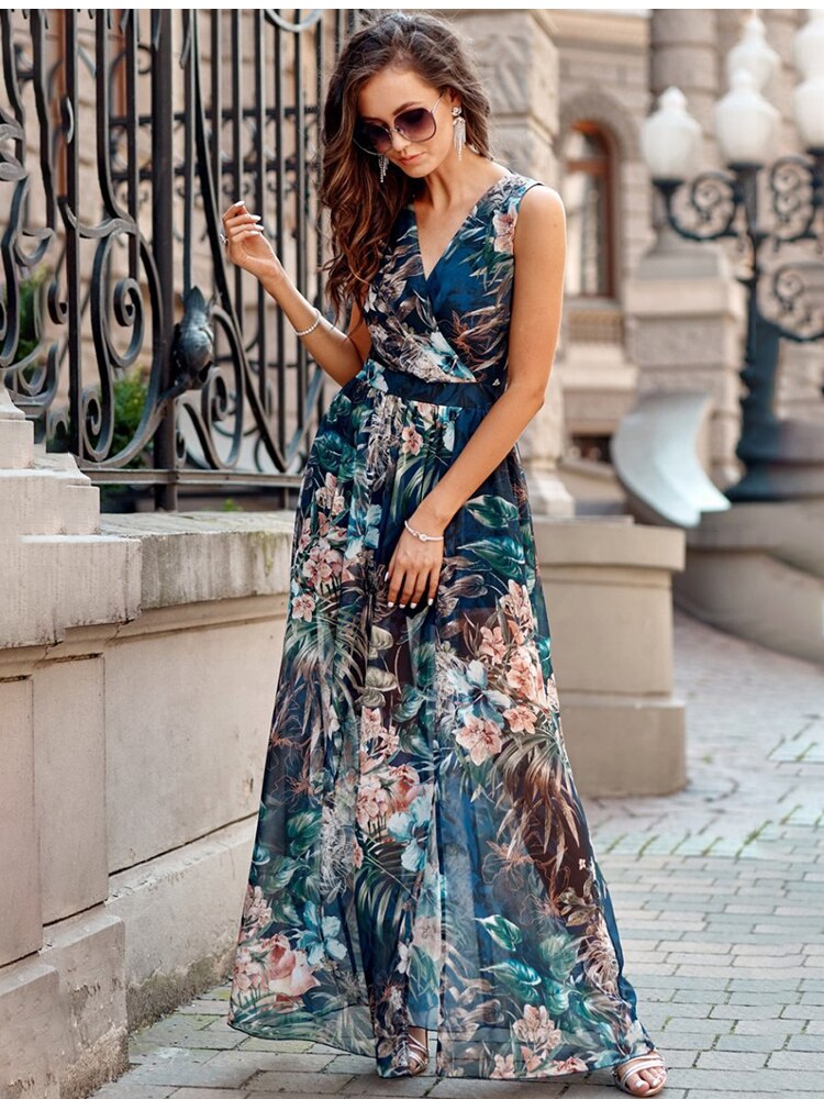 Chiffon Floral Print V-neck Sleeveless Beach Party Dress