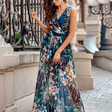 Chiffon Floral Print V-neck Sleeveless Beach Party Dress