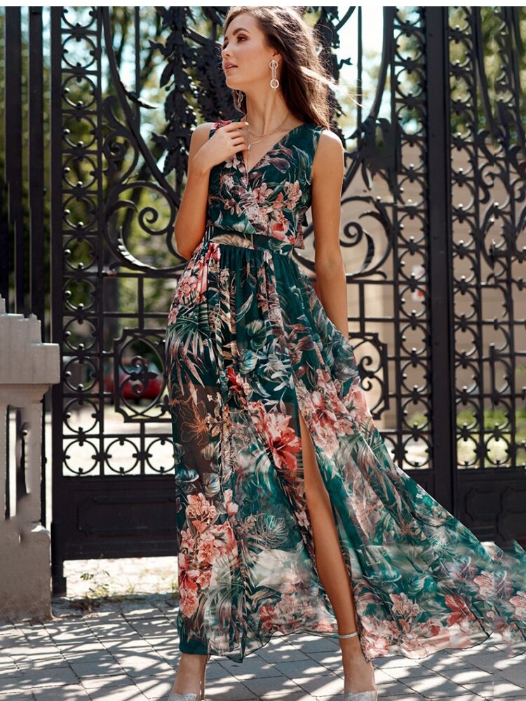 Chiffon Floral Print V-neck Sleeveless Beach Party Dress