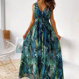 Chiffon Floral Print V-neck Sleeveless Beach Party Dress