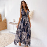 Chiffon Floral Print V-neck Sleeveless Beach Party Dress