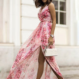 Chiffon Print Boho V-neck Sleeveless Holiday Party Dress