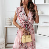 Chiffon Sleeveless Ruffles Floral Print Beach Dress