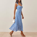 Elegant Ruffle Hem Floral Chiffon Midi Dress Neck Strap Tie Sexy Slip Dress