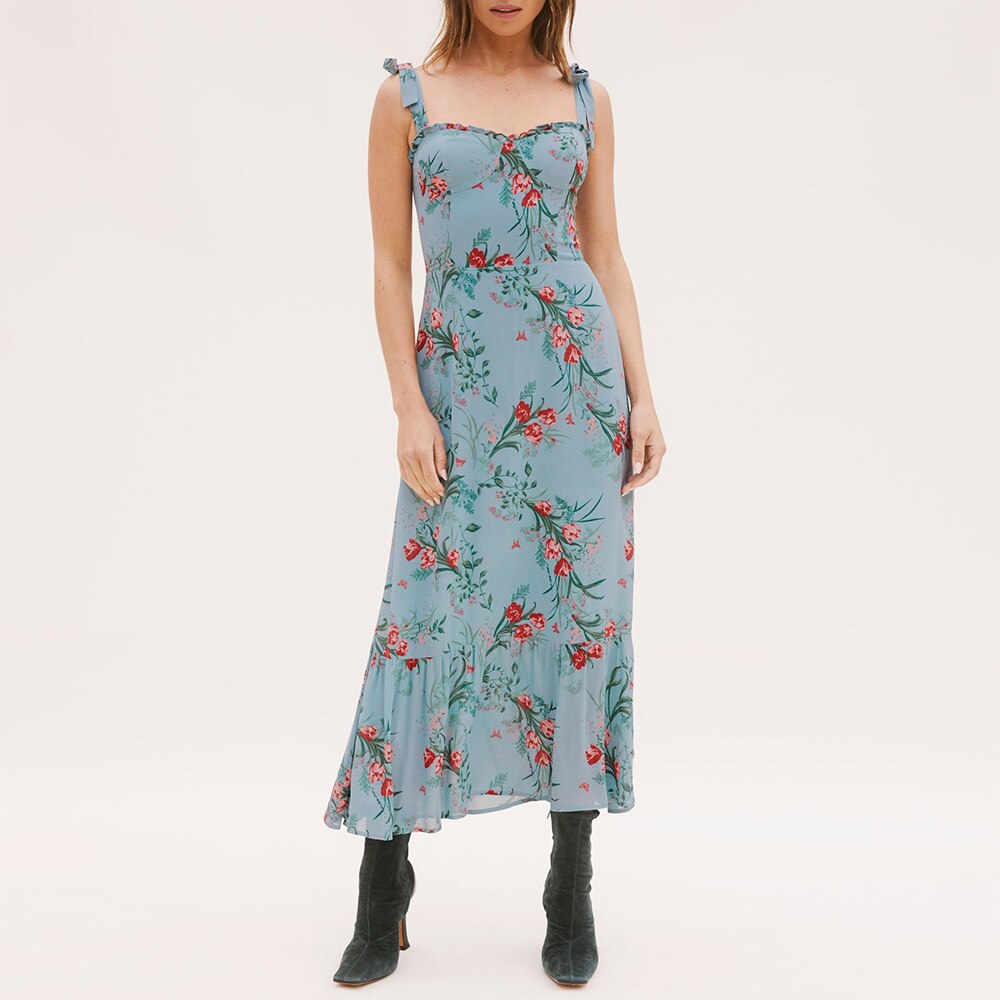 Elegant Ruffle Hem Floral Chiffon Midi Dress Neck Strap Tie Sexy Slip Dress