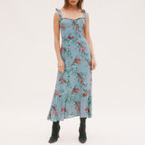 Elegant Ruffle Hem Floral Chiffon Midi Dress Neck Strap Tie Sexy Slip Dress