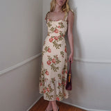 Elegant Ruffle Hem Floral Chiffon Midi Dress Neck Strap Tie Sexy Slip Dress
