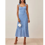 Elegant Ruffle Hem Floral Chiffon Midi Dress Neck Strap Tie Sexy Slip Dress