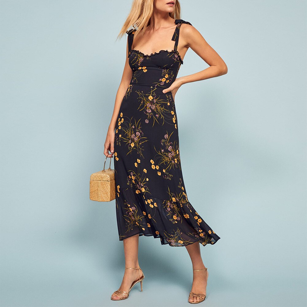 Elegant Ruffle Hem Floral Chiffon Midi Dress Neck Strap Tie Sexy Slip Dress
