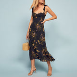 Elegant Ruffle Hem Floral Chiffon Midi Dress Neck Strap Tie Sexy Slip Dress