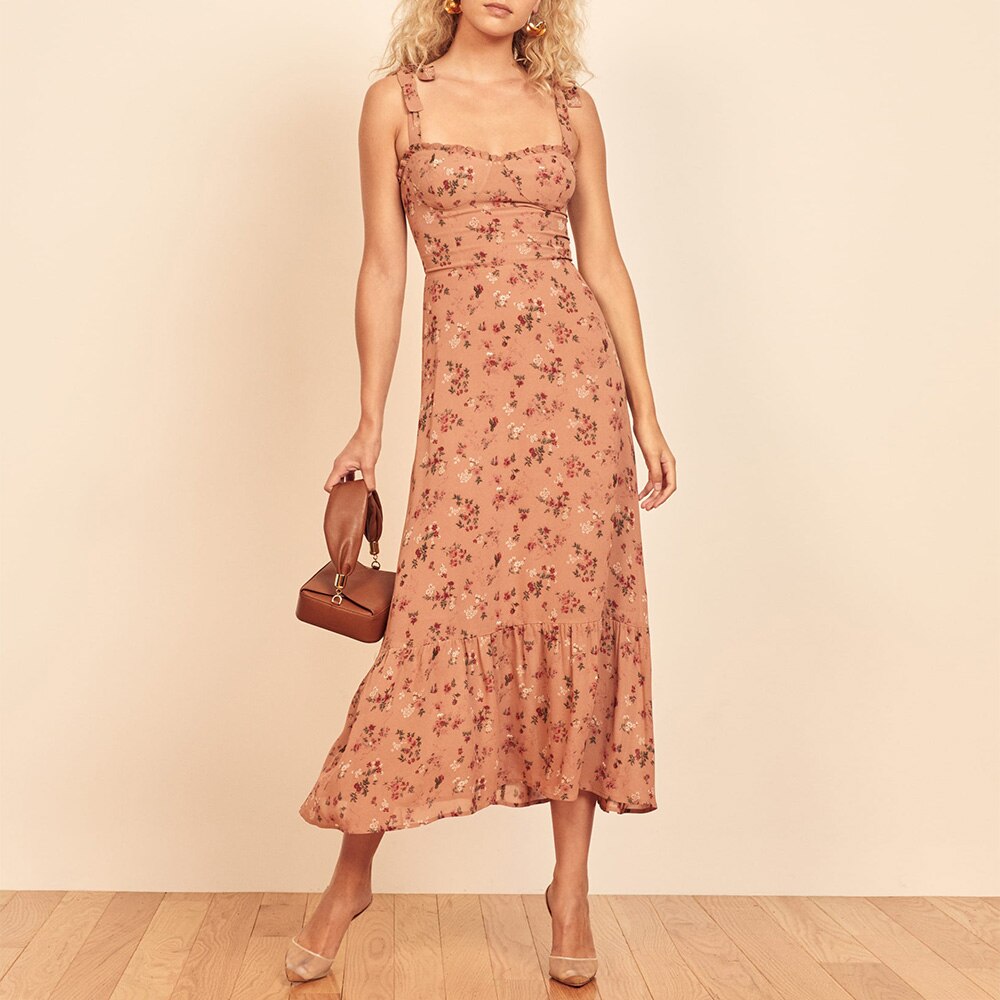 Elegant Ruffle Hem Floral Chiffon Midi Dress Neck Strap Tie Sexy Slip Dress