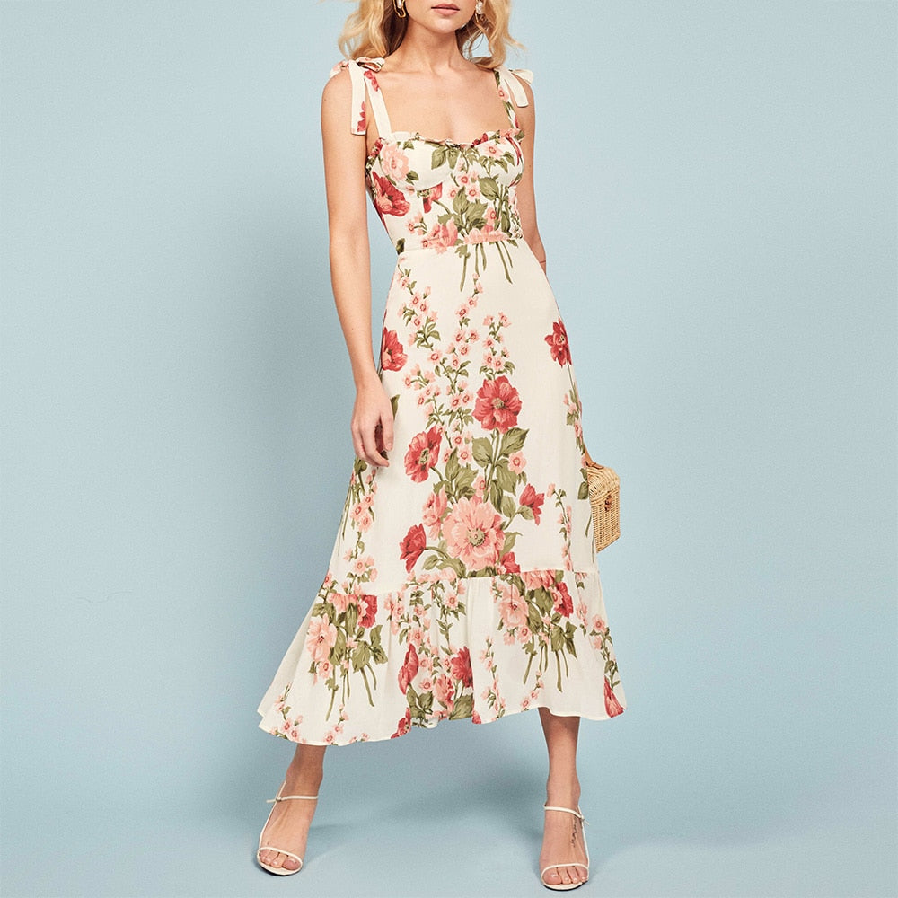 Elegant Ruffle Hem Floral Chiffon Midi Dress Neck Strap Tie Sexy Slip Dress
