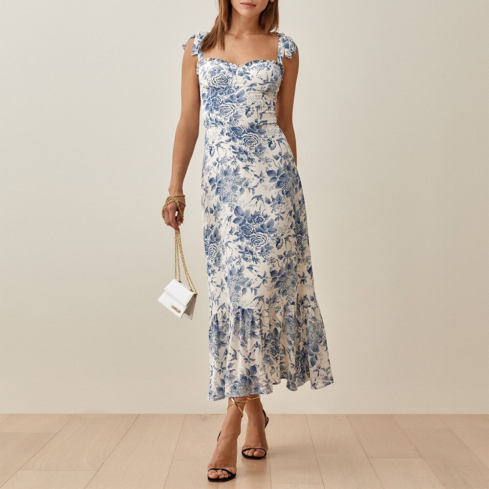 Elegant Ruffle Hem Floral Chiffon Midi Dress Neck Strap Tie Sexy Slip Dress