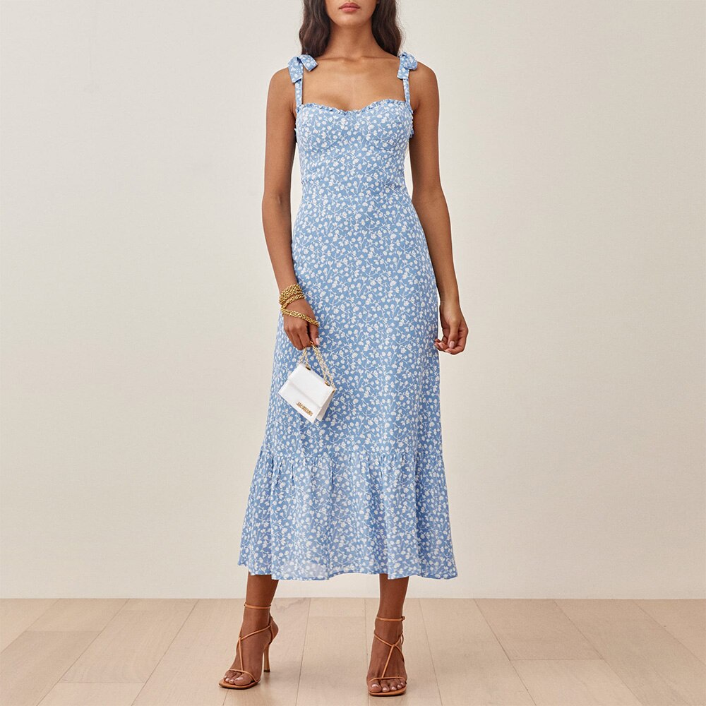 Elegant Ruffle Hem Floral Chiffon Midi Dress Neck Strap Tie Sexy Slip Dress