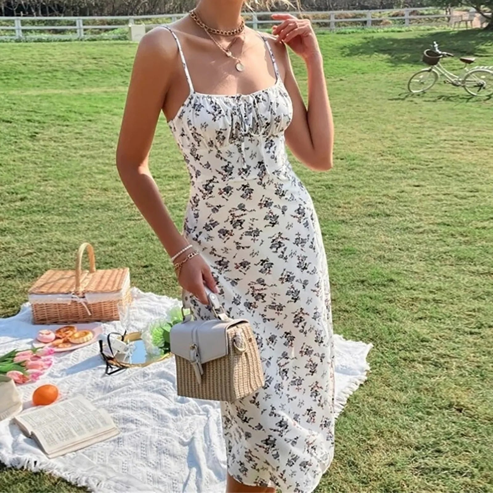 Summer Floral Print Spaghetti Strap Sexy Boho Slit Midcalf Women's Boho Dress