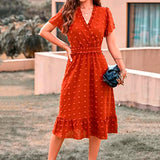 Dot Short Sleeve V Neck 2025 Summer Women's Midi Boho Dress