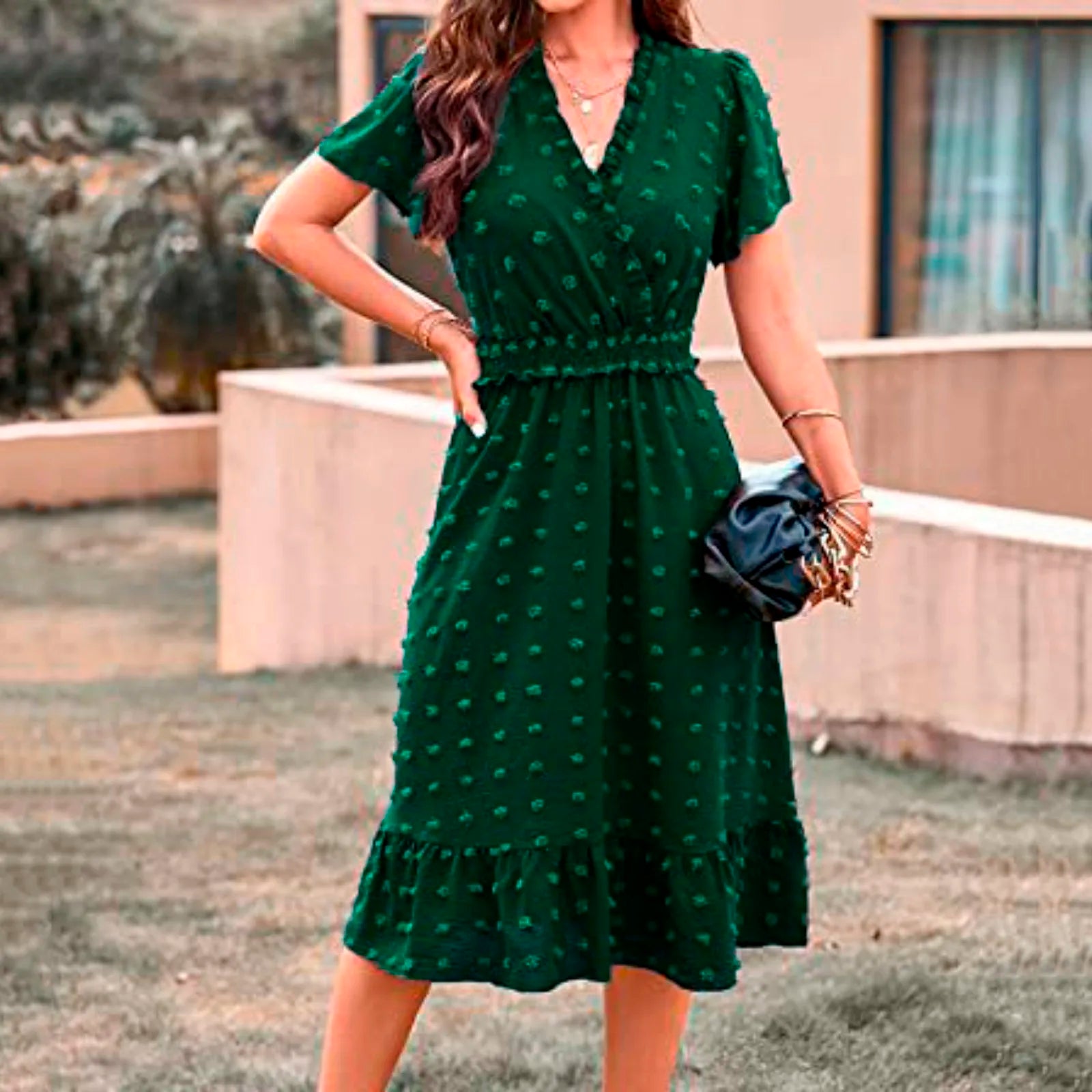 Dot Short Sleeve V Neck 2025 Summer Women's Midi Boho Dress