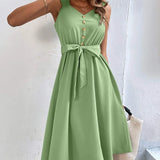 Summer On Sale Clearance Women Sleeveless V-Neck Button Solid Sun Casual Sweet Holiday Party Beach Midi Dress