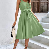 Summer On Sale Clearance Women Sleeveless V-Neck Button Solid Sun Casual Sweet Holiday Party Beach Midi Dress