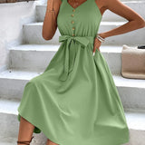 Summer On Sale Clearance Women Sleeveless V-Neck Button Solid Sun Casual Sweet Holiday Party Beach Midi Dress