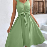 Summer On Sale Clearance Women Sleeveless V-Neck Button Solid Sun Casual Sweet Holiday Party Beach Midi Dress