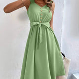 Summer On Sale Clearance Women Sleeveless V-Neck Button Solid Sun Casual Sweet Holiday Party Beach Midi Dress