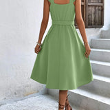 Summer On Sale Clearance Women Sleeveless V-Neck Button Solid Sun Casual Sweet Holiday Party Beach Midi Dress