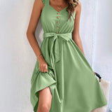 Summer On Sale Clearance Women Sleeveless V-Neck Button Solid Sun Casual Sweet Holiday Party Beach Midi Dress