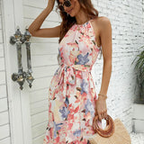 Summer Floral Print Woman Ruffle Slit Bandage Beach Fashion Irregular Sleeveless For Women 2025 Midi Dress