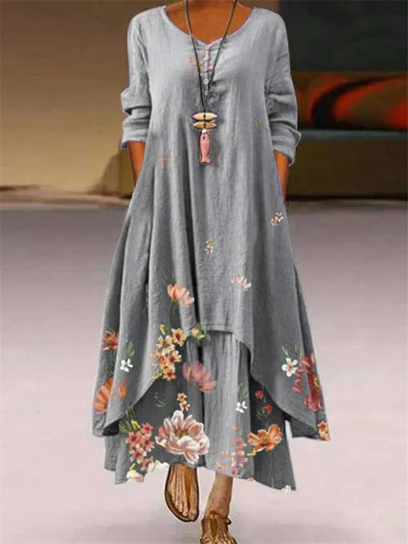 Summer Floral Print Long Sleeve Maxi Boho Dress