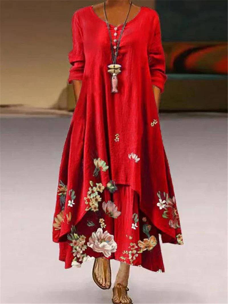 Summer Floral Print Long Sleeve Maxi Boho Dress