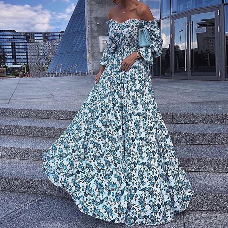 Summer Floral Print Sexy Boat Neck Prom Dresses