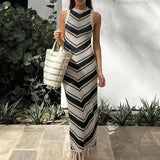 Summer Knitted Tassel Striped Bohemian Stylish Maxi Dress